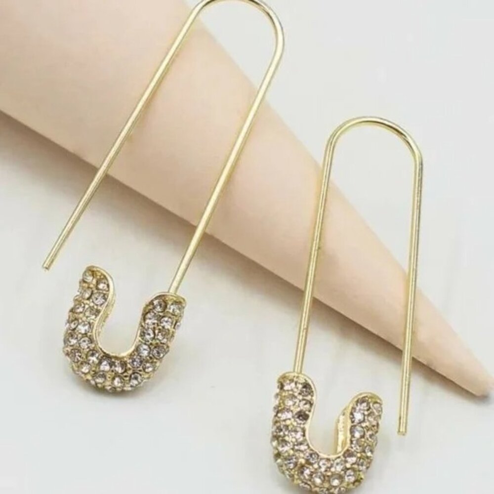 Gold Tone Rhinestone Safety Pin Earrings